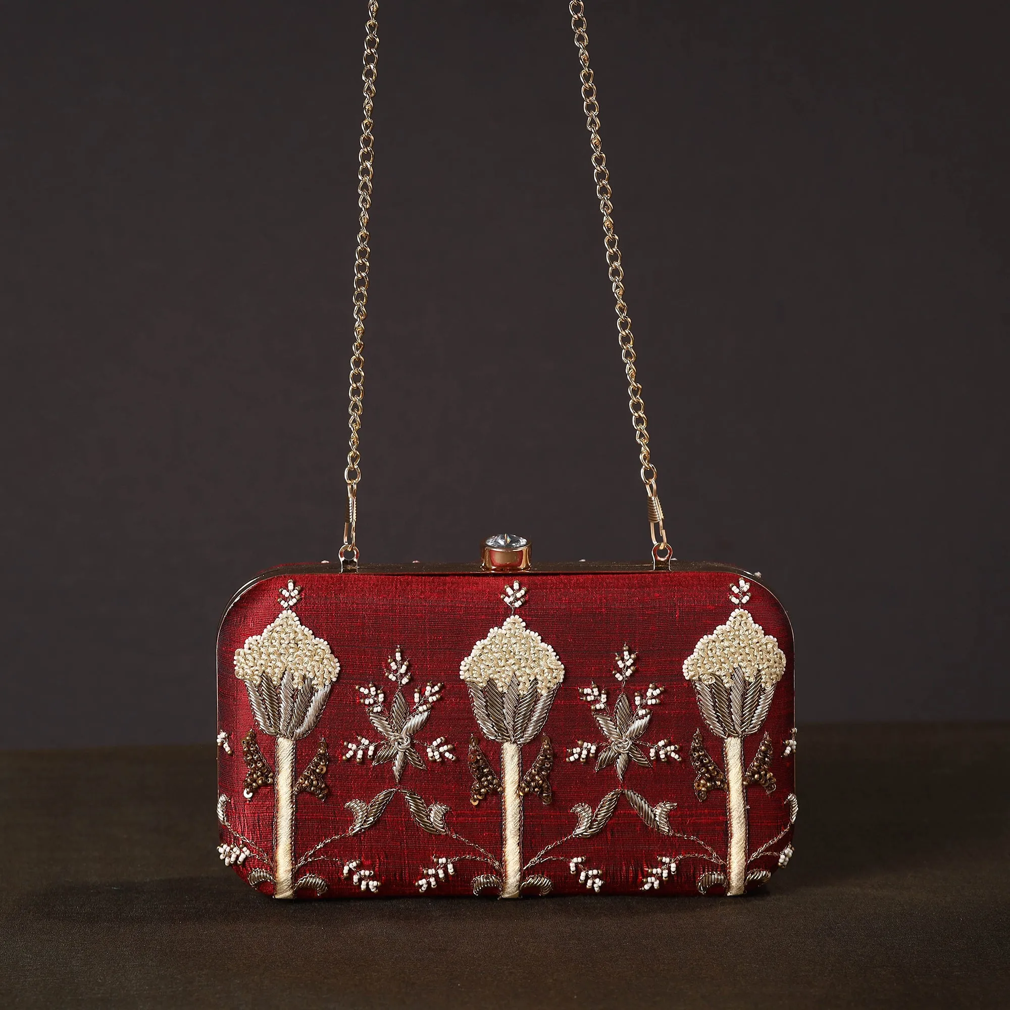 Red - Chikankari Hand Embroidery Tussar Silk Clutch / Sling Bag 11