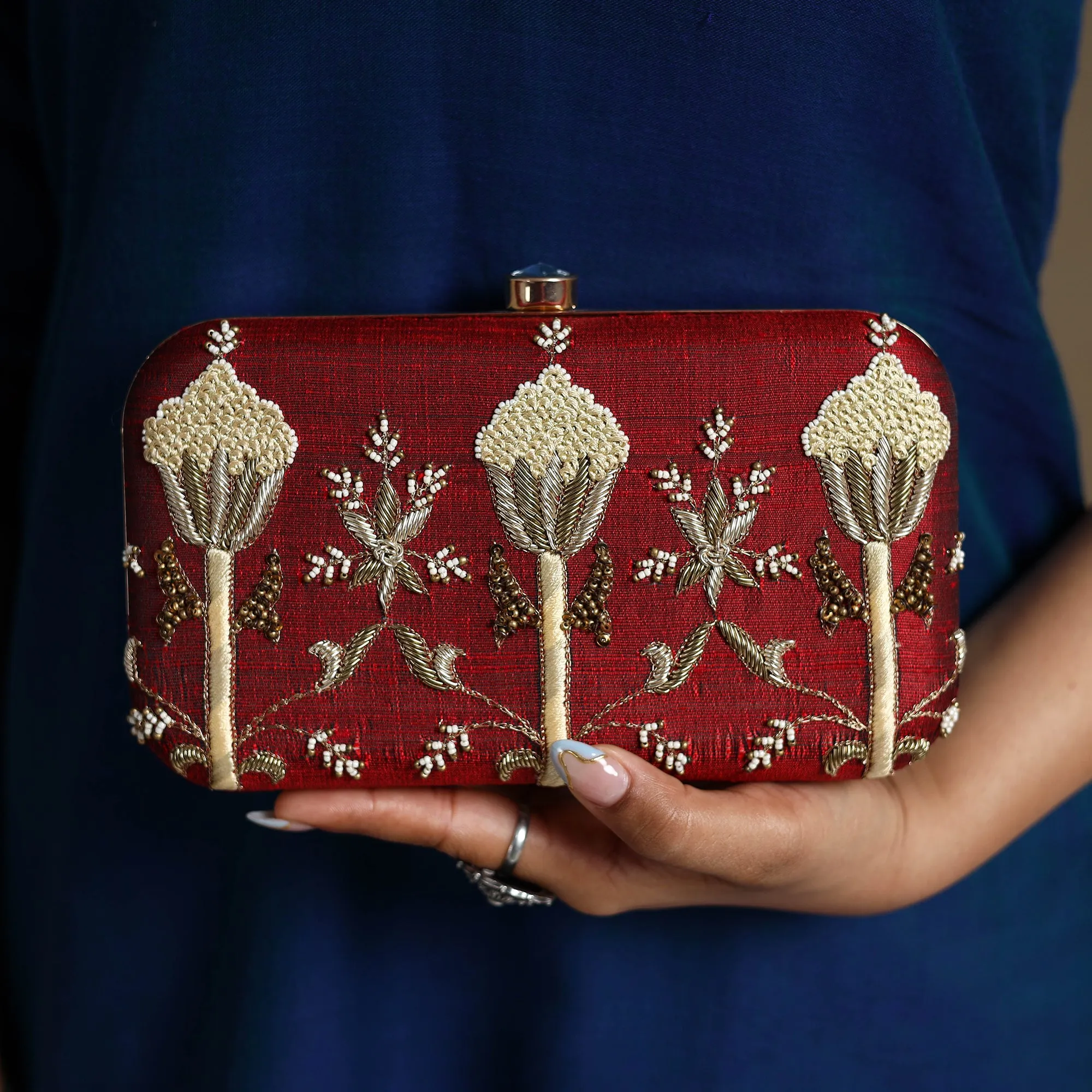 Red - Chikankari Hand Embroidery Tussar Silk Clutch / Sling Bag 11