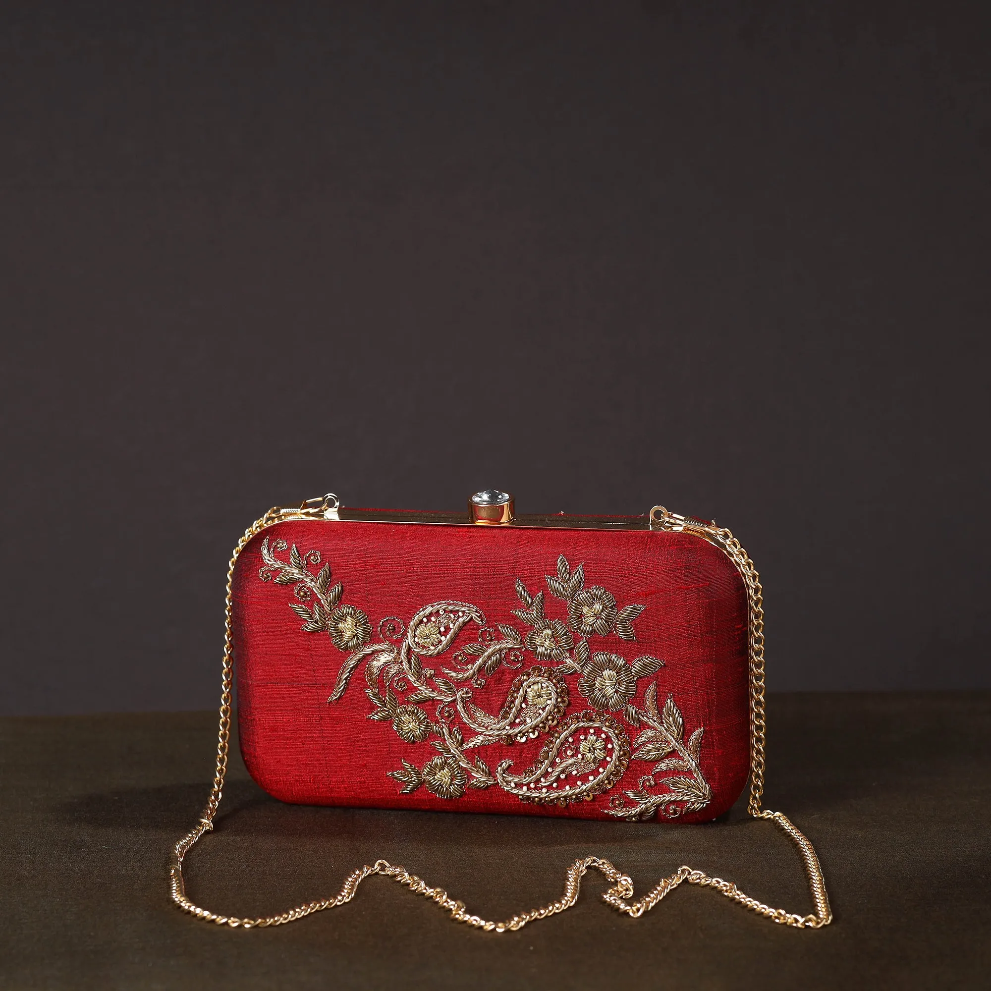 Red - Chikankari Hand Embroidery Tussar Silk Clutch / Sling Bag 13