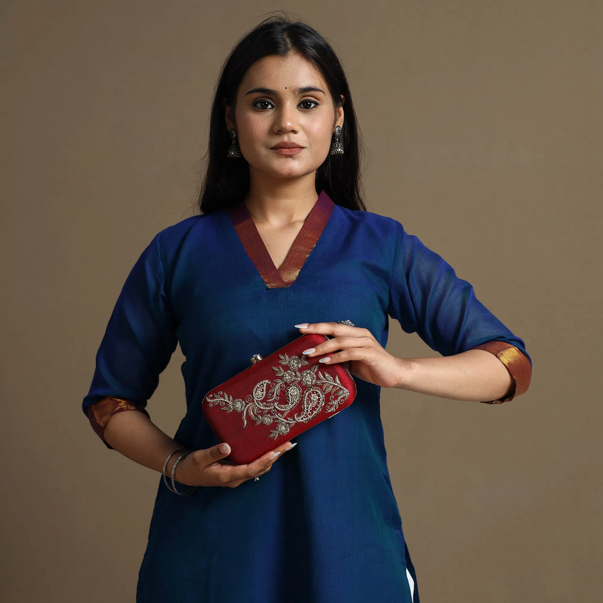 Red - Chikankari Hand Embroidery Tussar Silk Clutch / Sling Bag 13