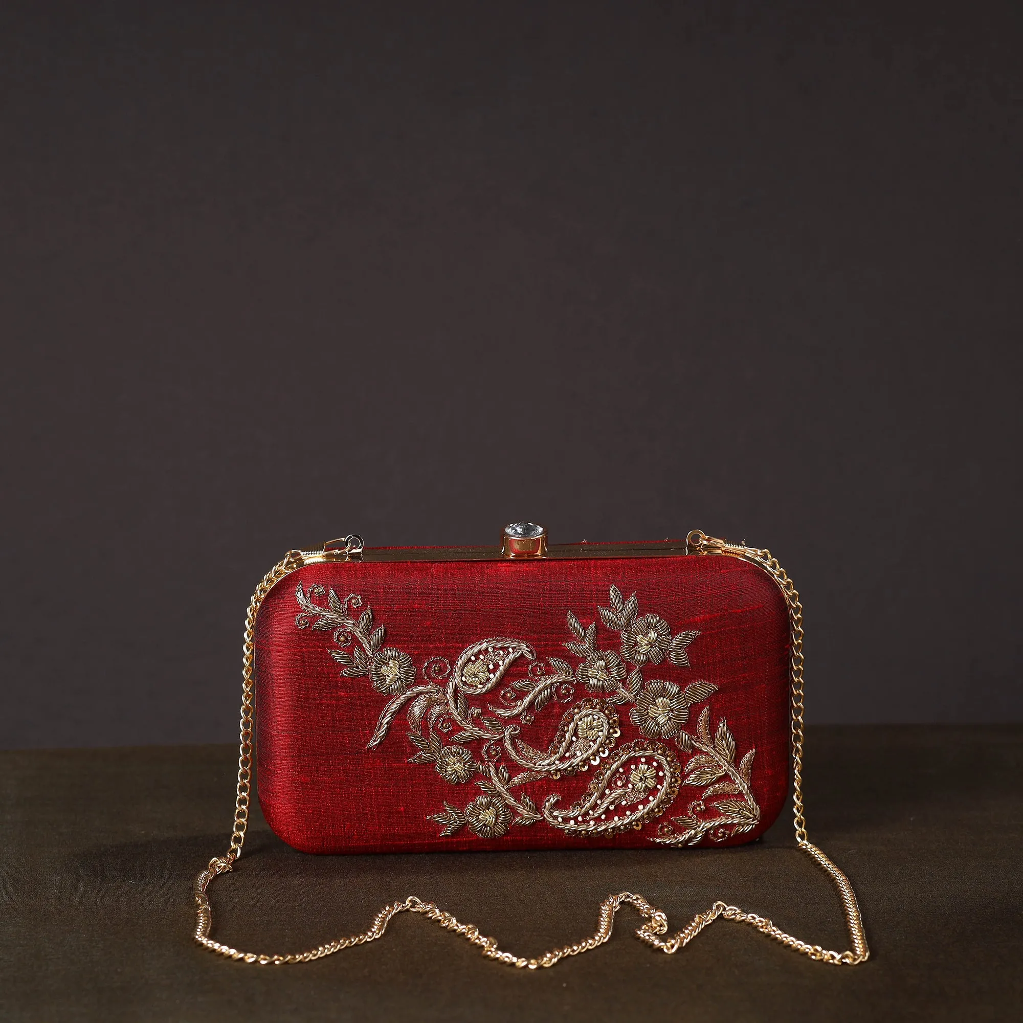 Red - Chikankari Hand Embroidery Tussar Silk Clutch / Sling Bag 13