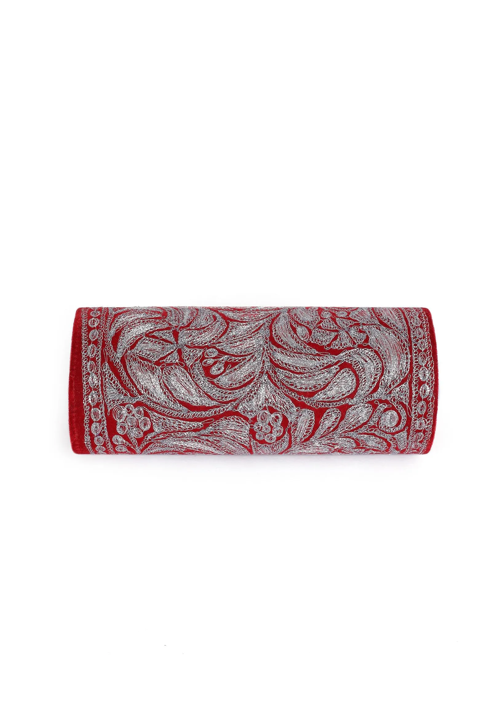 Ruby Red Velvet Silver Embroidered Clutch