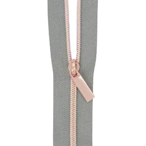 Sallie Tomato #3 Nylon Zipper Tape & Pulls - Grey with Rose Gold Coil