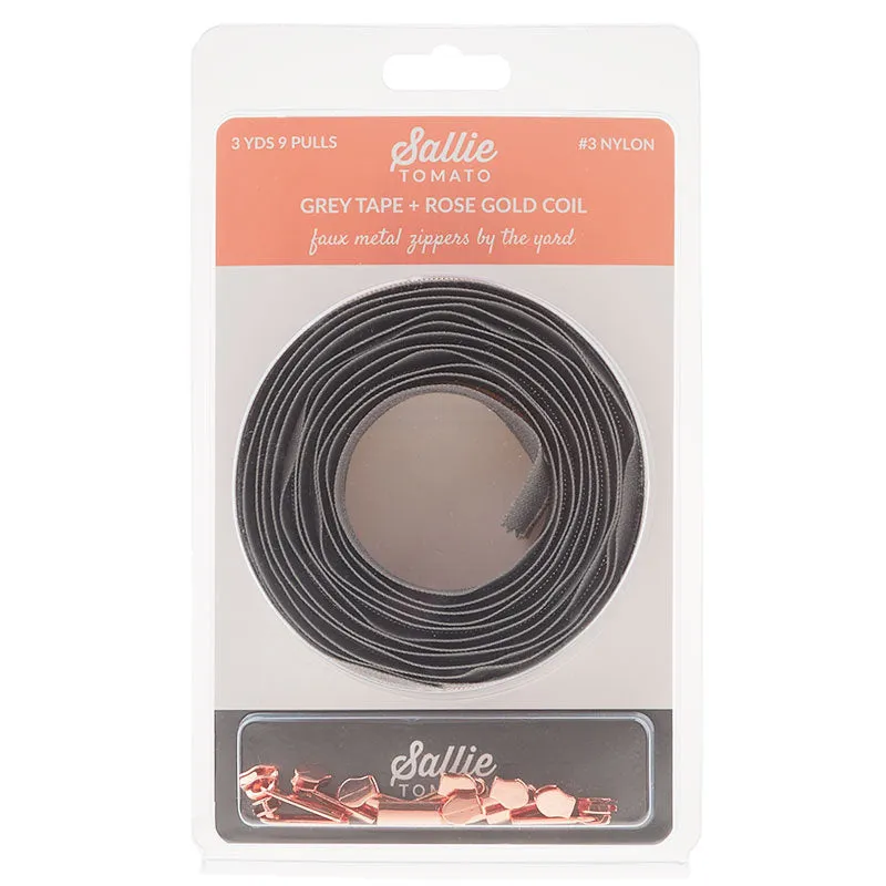 Sallie Tomato #3 Nylon Zipper Tape & Pulls - Grey with Rose Gold Coil