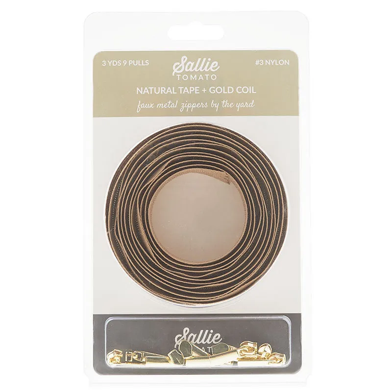 Sallie Tomato #3 Nylon Zipper Tape & Pulls - Natural with Gold Coil