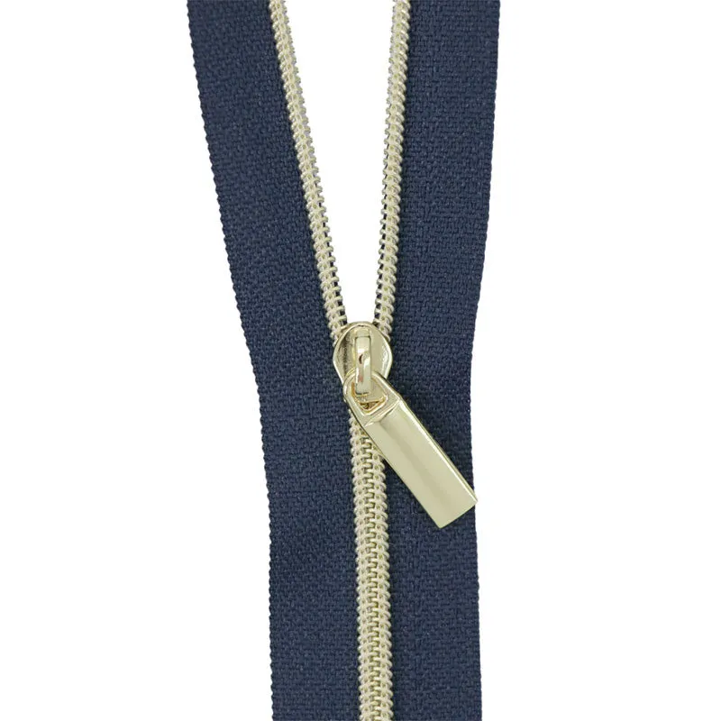 Sallie Tomato #3 Nylon Zipper Tape & Pulls - Navy with Gold Coil