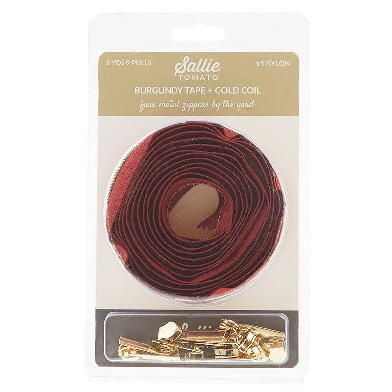 Sallie Tomato #5 Nylon Zipper Tape & Pulls - Burgundy with Gold Coil