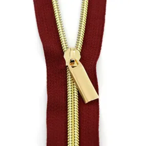 Sallie Tomato #5 Nylon Zipper Tape & Pulls - Burgundy with Gold Coil