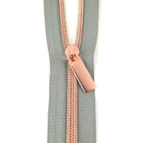 Sallie Tomato #5 Nylon Zipper Tape & Pulls - Grey with Rose Gold Coil