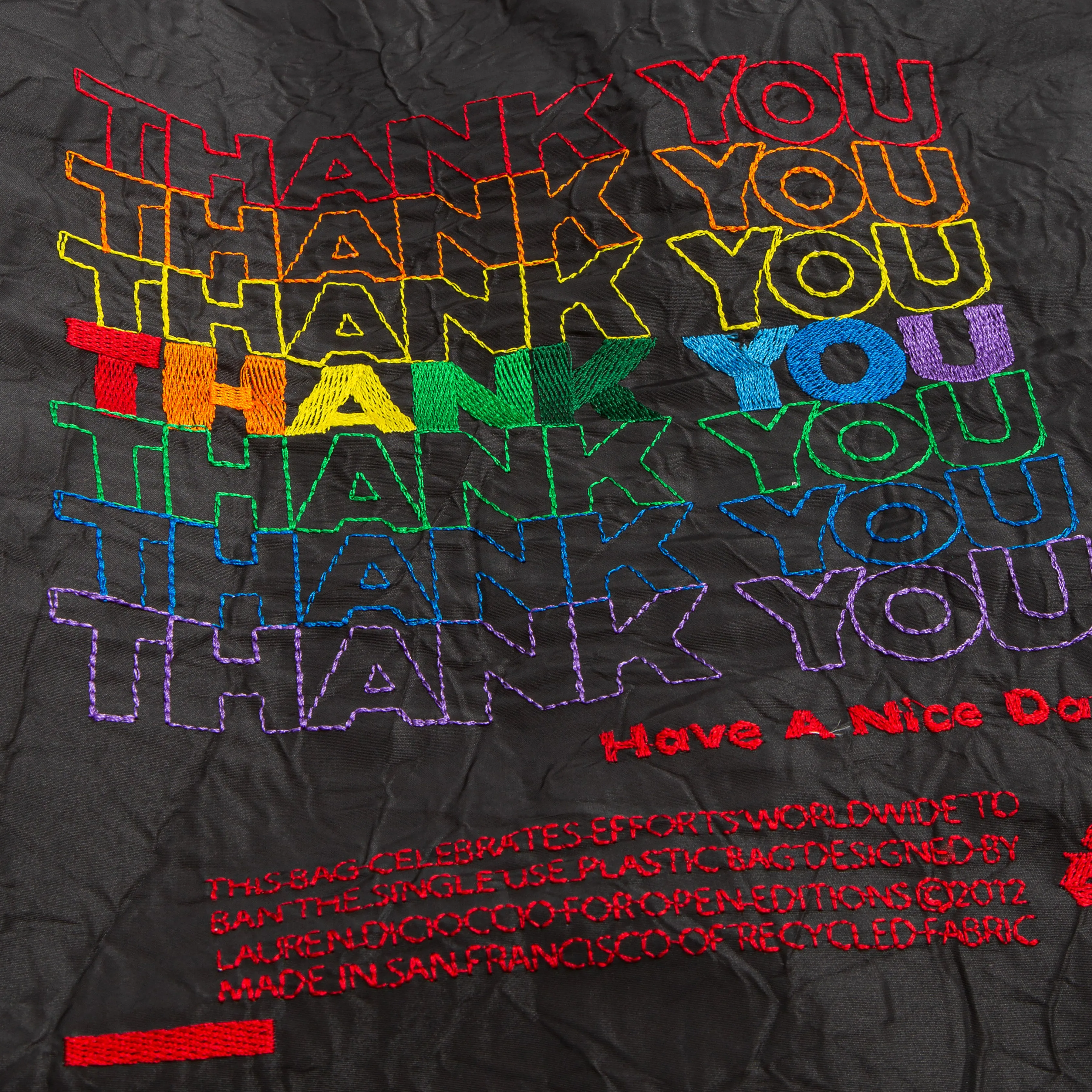 THANK YOU / Rainbow Thread on Black Fabric