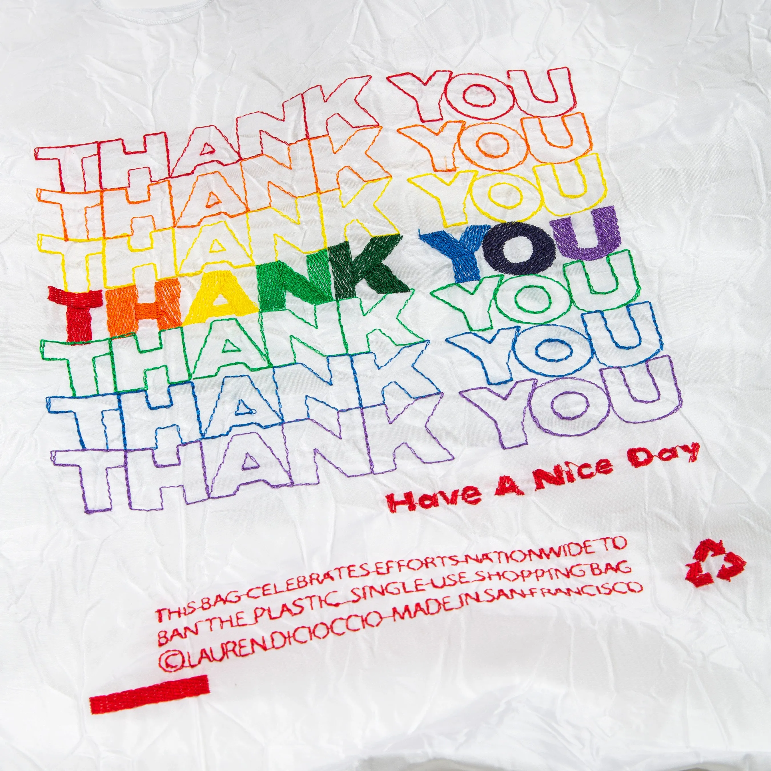 THANK YOU / Rainbow Thread on White Fabric