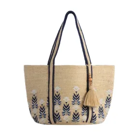 White & Navy Floral Jute Tote Bag