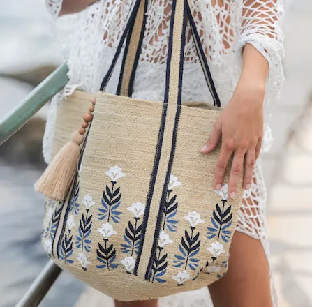 White & Navy Floral Jute Tote Bag