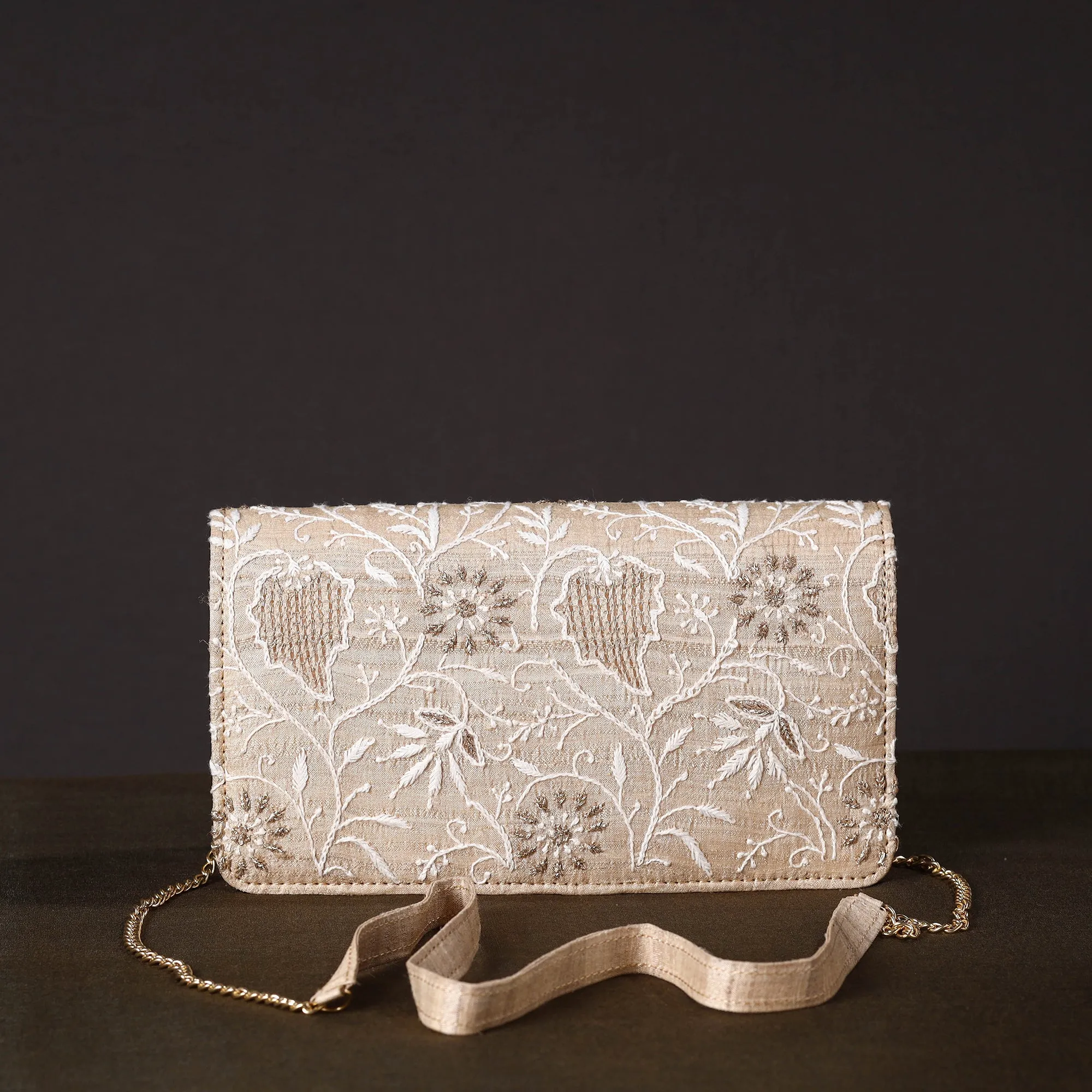 White - Chikankari Hand Embroidery Tussar Silk Clutch / Sling Bag 06