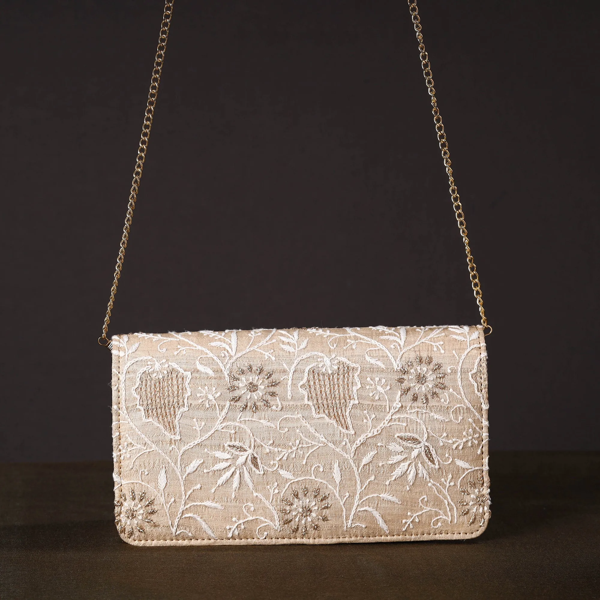 White - Chikankari Hand Embroidery Tussar Silk Clutch / Sling Bag 06