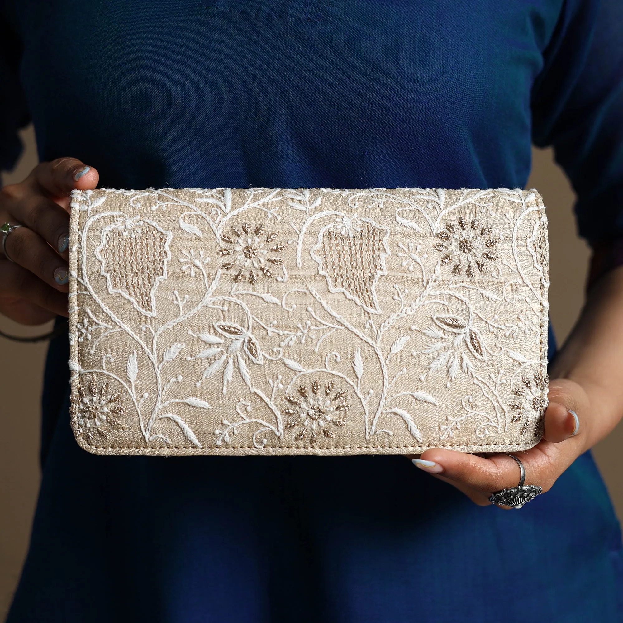 White - Chikankari Hand Embroidery Tussar Silk Clutch / Sling Bag 06