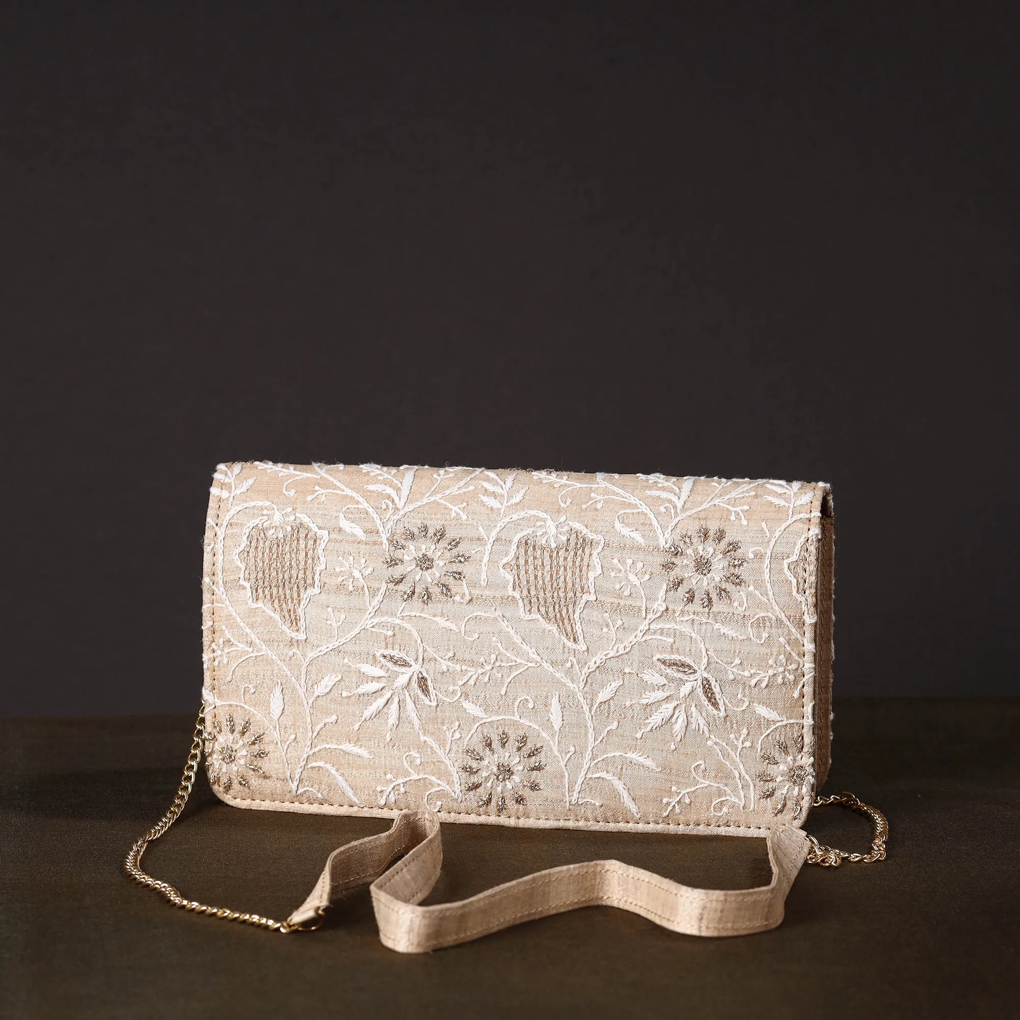 White - Chikankari Hand Embroidery Tussar Silk Clutch / Sling Bag 06